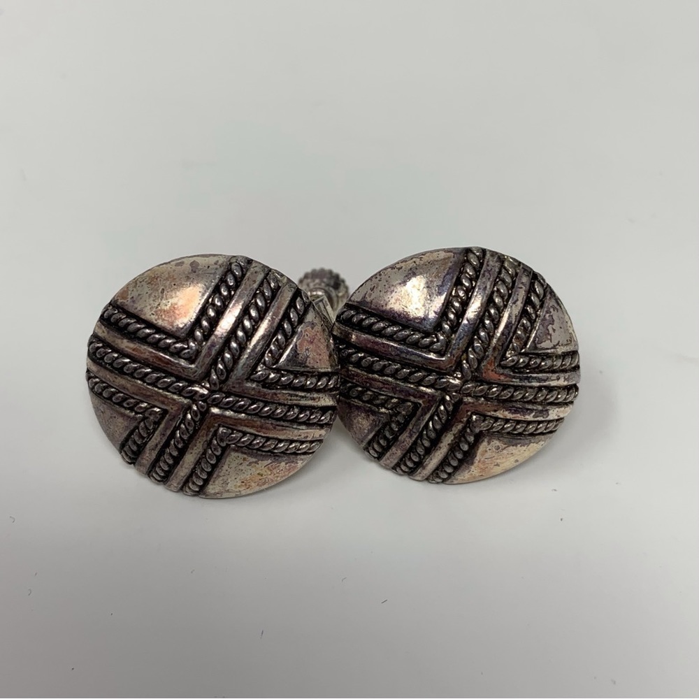 Vintage Silver Toned Screw Back Earrings Black Rope X Design